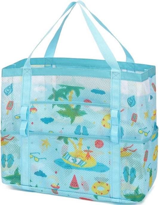 Mesh Beach Bag, Large Beach Tote with Zipper Pocket, Toys Pool Bag for Family Travel Vacation Cruise Essentials