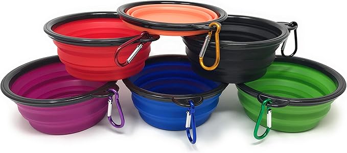 6-Pack Collapsible Silicone Travel Dog Bowls with Carabiner Clip - Portable Foldable Pet Food Water Bowls BPA Free for Hiking Camping Dogs Cats Assorted Colors