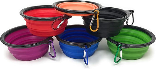 6-Pack Collapsible Silicone Travel Dog Bowls with Carabiner Clip - Portable Foldable Pet Food Water Bowls BPA Free for Hiking Camping Dogs Cats Assorted Colors