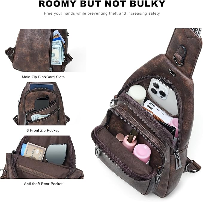 7L Crossboydy Sling Bag for Women Vegan Leather Crossbody Purse Fanny Pack Chest Bag for Travel,Coffee