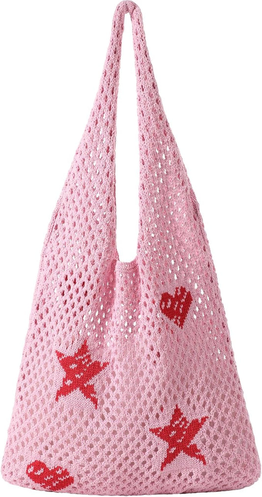 Premillow Crochet Beach Tote Bags, Stylish Mesh Beach Bags Shoulder Bag for Women, Cute Summer Vacation Boho Tote Bag