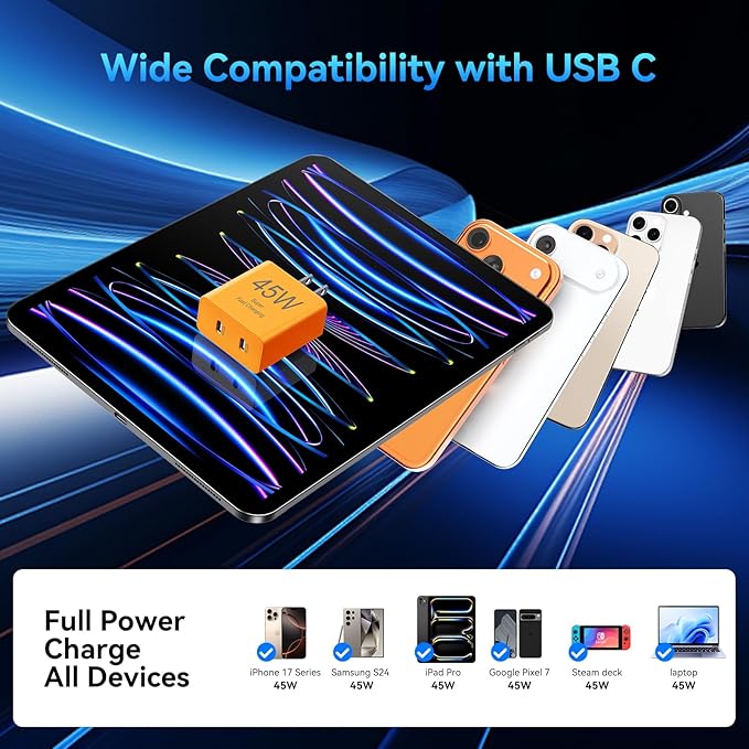 Phone 17 Charger Fast Charging, 45W Dual USB C Charger Block,USB C Wall Chargers with 10FT Long USBC Charging Braide Cable Cord for Phone 17 16 15 Pro Max/Pro/Plus/Air,Pad Pro,S25/S24-cosmic Orange