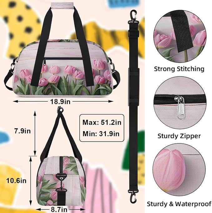 Pink Tulip Wooden Sports Duffel Bags, Water-Resistant Gym Duffle Bag for Men Women, Lightweight Weekender Overnight Bag for Fitness, Workout, Travel