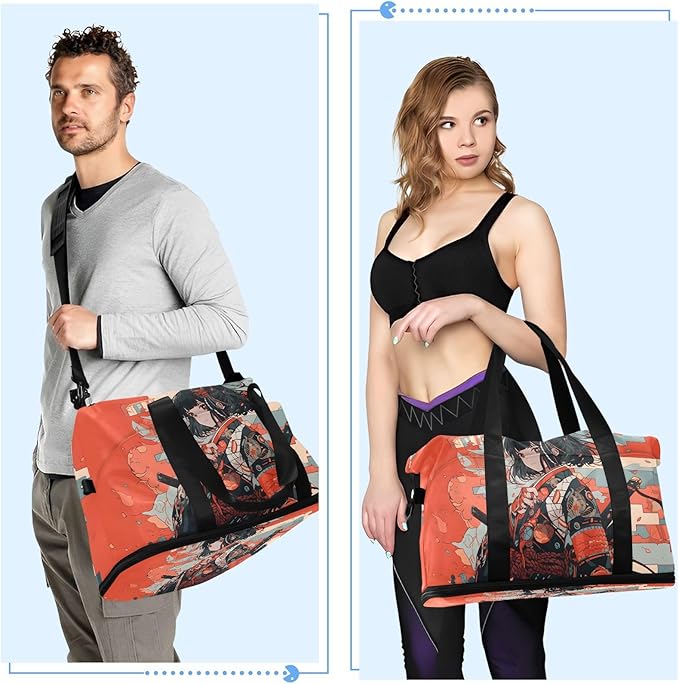 AIXIWAWA Duffel Bags Set Anime Samurai Red Print for Gym Travel with Shoes Compartment Large Capacity