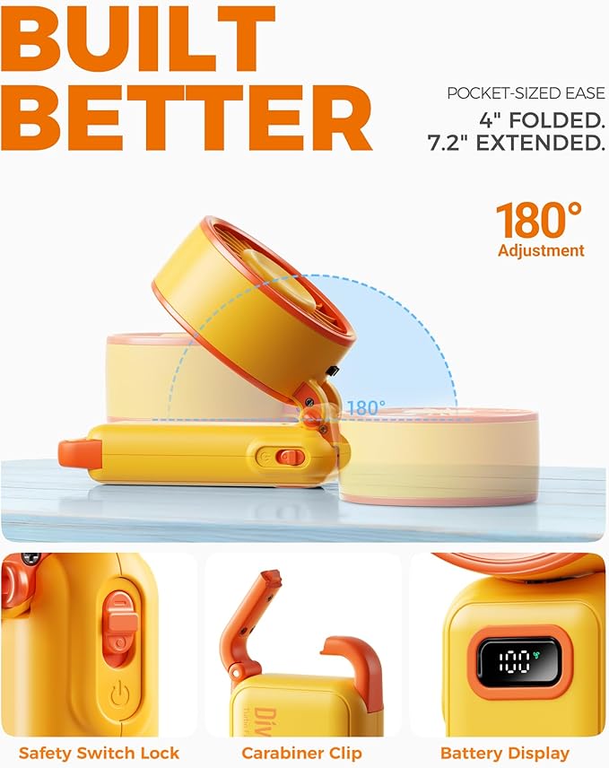 Diveblues Portable Handheld Fan, 7.4m/s High Speed Turbo Fan, 180° Foldable 4-in-1 Personal Neck Fan Integrated Carabiner Clip, 100 Speed Stepless Control, USB-C Rechargeable, 12H Battery, Fanzy D6036