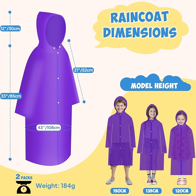 ANYOO Kids Rain Poncho with Hood Lightweight Emergency Raincoat Reusable Boys and Girls Rain Jacket for Disney Travel Outdoor