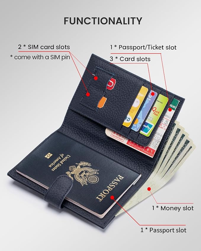 RFID Passport Holder Travel Wallet for Women, Leather Passport Cover Wallet with Card Holders SIM Slots,Zippered Coins Pocket and Cash Slot Slim Compact Travel Wallet (Blue Black)