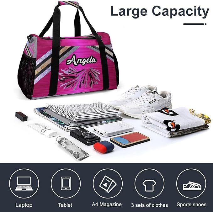Cheer Fuchsia Pink Cheering Black Waterproof Duffel Bag Gym Dance Sport Perform Training Travel Bag for Teens Adults Women Men Luggage Bag