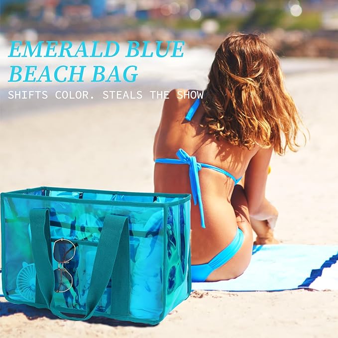Iridescent Clear Beach Bag for Women, Large Pool Tote Cruise Vacation Essentials - Waterproof, Zipper Closure