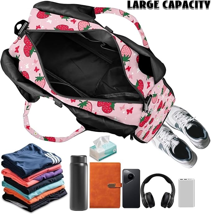 Strawberry Butterfly Flower Gym Bag for Women with Shoe Compartment Ladies Fashion Mini Travel Duffle Bag Lightweight for Overnight Weekender Yoga Swim Dance Short Trip, Pink
