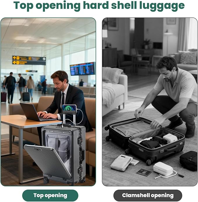 24-Inch Aluminum Frame Checked Luggage, Expandable Hard Shell Spinner Suitcase with Front-Open Pocket, USB Port, Phone Holder & Cup Holder for Men & Women Travel, Grey