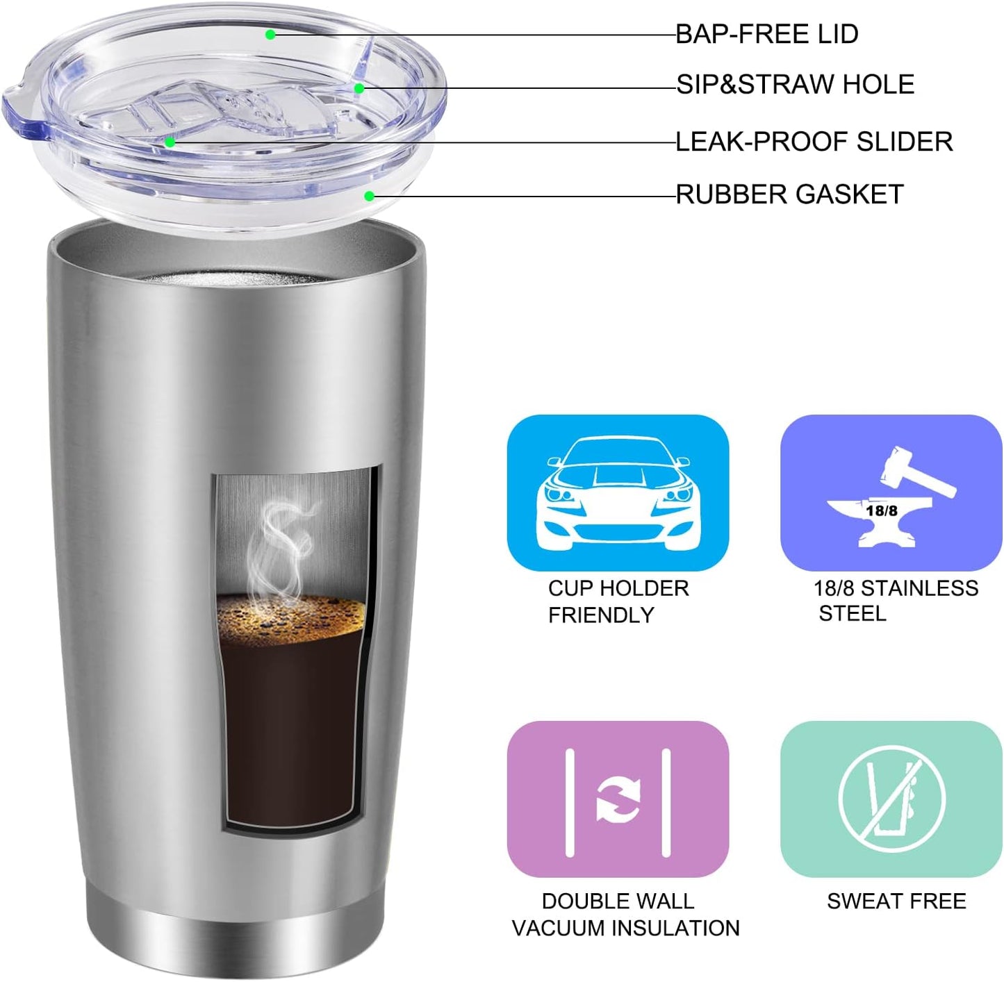 VEGOND 20oz Tumbler with Lid and Straw Stainless Steel Tumbler Cup Bulk Vacuum Insulated Double Wall Travel Coffee Mug Powder Coated Coffee Cup(Stainless 12 Pack