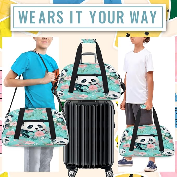 Sports Duffel Bags, Panda Flower Pattern Water-Resistant Gym Duffle Bag for Men Women, Lightweight Weekender Overnight Bag for Fitness, Workout, Travel