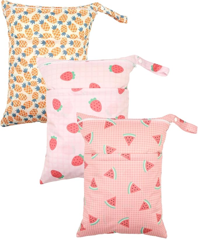Wet Dry Bag Reusable Waterproof Swimming Bag Travel Beach Pool Yoga Gym Bag for Baby Cloth Diaper Swimsuits Wet Clothes Two Zipper Pockets 3 Pack 3L26