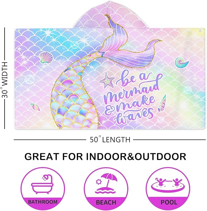 Bonsai Tree Mermaid Beach Towel, Mermaid Tail Towel for Girls with Hood, Kids Bath Hooded Poncho 30" x 50", Pink Scales Microfiber Absorbent Soft Bath Poncho Bathrobe for Swin Pool