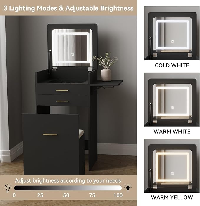 ARTETHYS Small Vanity Desk Set with Flip-top Mirror and Lights Black Integrated 3 in 1 Makeup Vanities Set for Tiny Space Compact Mini Dressing Table with Fold-up Panel and Storage Chair for Bedroom