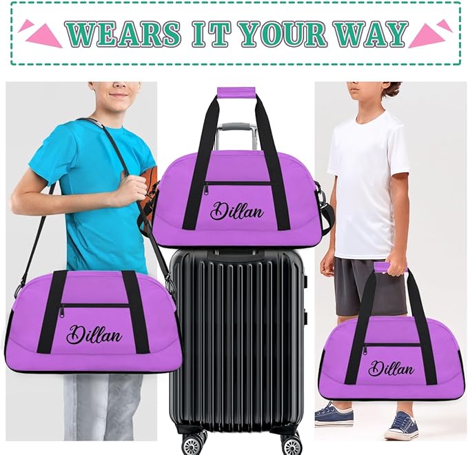 Custom Name Gym Duffel for Kids,Personalized Sports Bag Lightweight Gym Bags for Boys & Girls,Fitness Travel Weekender for Travel, Workout Magenta