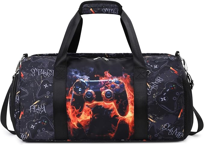 Kids Duffle Bag For Boys Overnight Travel Bag Sport Gym Bag With Shoes Compartment Dry And Wet Pocket Carry On Weekender Bag (Red Flame Game)