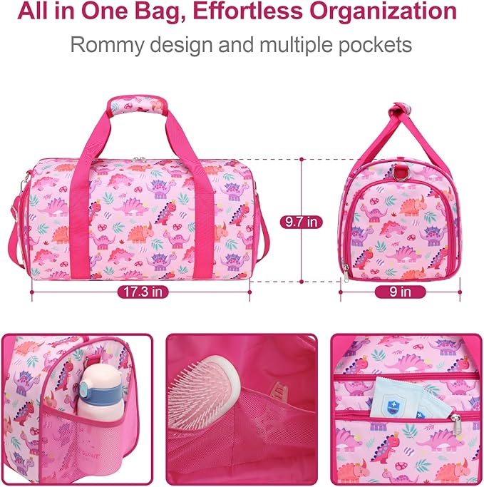 Bagseri Dance Bag for Girls - Kids Duffle with Shoe Compartment, Gymnastics Tote for Sleepover Travel with Water Resistant Wet Pocket (Pink & Crown Dinosaur)
