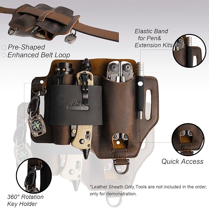 Topstache Leather Multitool Sheath,EDC Belt Organizer for Work and Daily Use,Leatherman Sheath,EDC Pocket Organizer for Flashlight and Multitool,Gifts for Men,Leather Sheath for Multitool