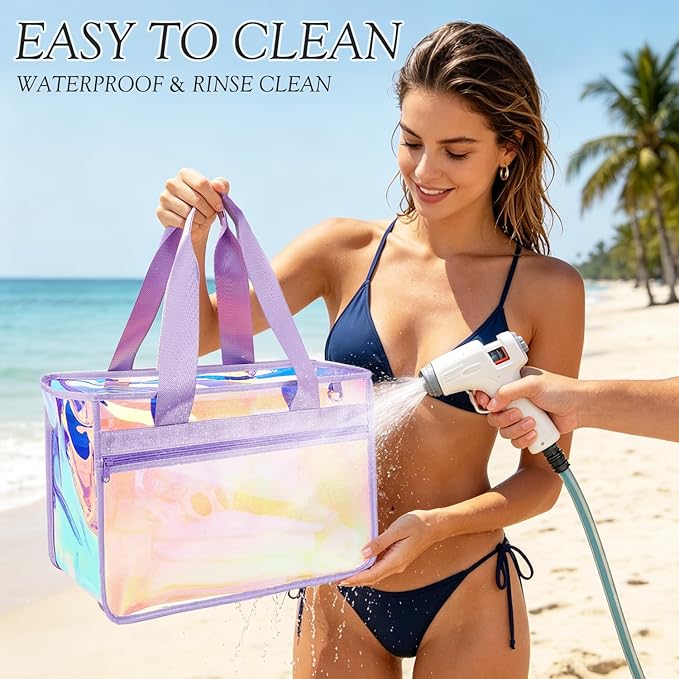 Fammart Iridescent Clear Beach Bags Waterproof Sandproof for Women, Large Jelly Tote Zipper Pool Bag Cruise Essentials 2026