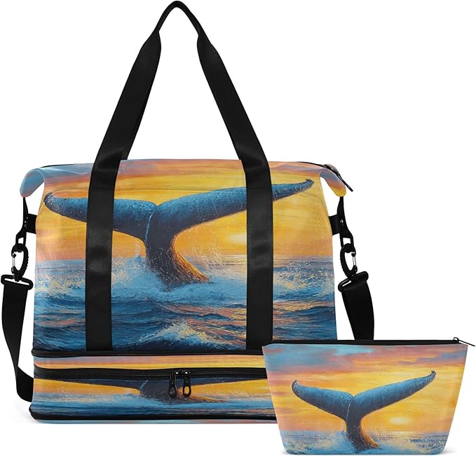 Travel Duffel Bags for Women Blue Whale Tail Ocean Sunset Sports Duffel Bags Gym Bags with Shoes Compartment Tote Bag Weekender Bag for Travelling