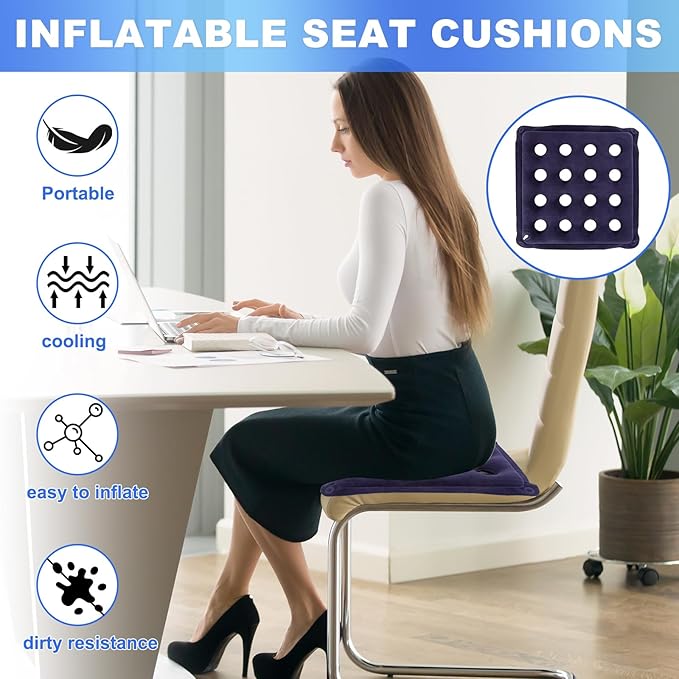 2-Pack Waffle Inflatable Seat Cushions with Pump, 18 Inch Beige 16-Hole Air Cushion for Pressure Relief, Wheelchair, Office Chair, Car Seat & Travel (Purple&Beige)
