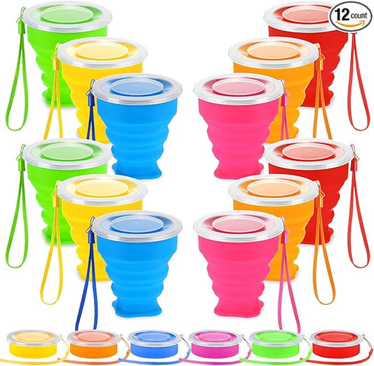 12 Pcs Silicone Collapsible Cup 7.04 oz Folding Camping Travel Collapsible Coffee Cup Portable Reusable Expandable Drinking with Lids for Outdoor Hiking