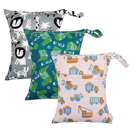 ALVABABY 3pcs Cloth Diaper Wet Dry Bags Waterproof Reusable with Two Zippered Pockets Travel Beach Pool Daycare Soiled Baby Items Yoga Gym Bag for Swimsuits or Wet Clothes 3L-ZM16A