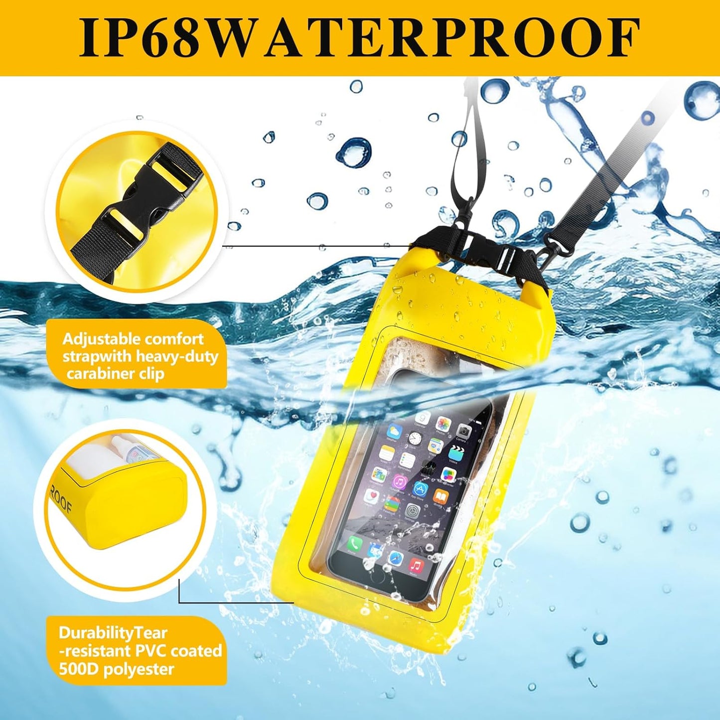 IP68 Waterproof Dry Bag, 2L - Roll Top Waterproof Pool Bag，Dry Bags for Kayaking Waterproof-w/Phone Pouch,Large Waterproof Phone Pouch,Boating & Kayak Accessories Camping (Yellow)