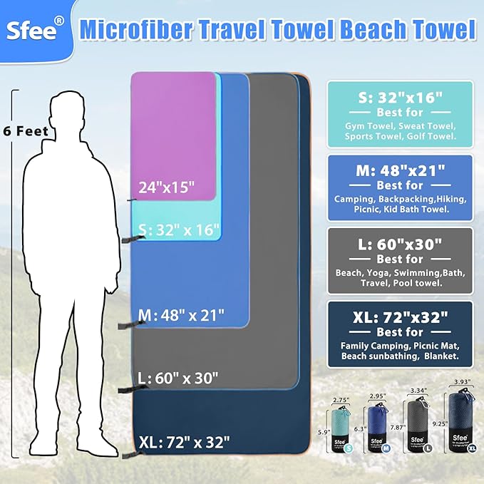 Sfee 2 Pack Microfiber Travel Towel, Quick Dry Camping Towel Large Beach Towel Super Absorbent Compact Lightweight Sports Gym Towels Set for Beach, Gym, Hiking, Pool, Backpacking,Bath,Yoga