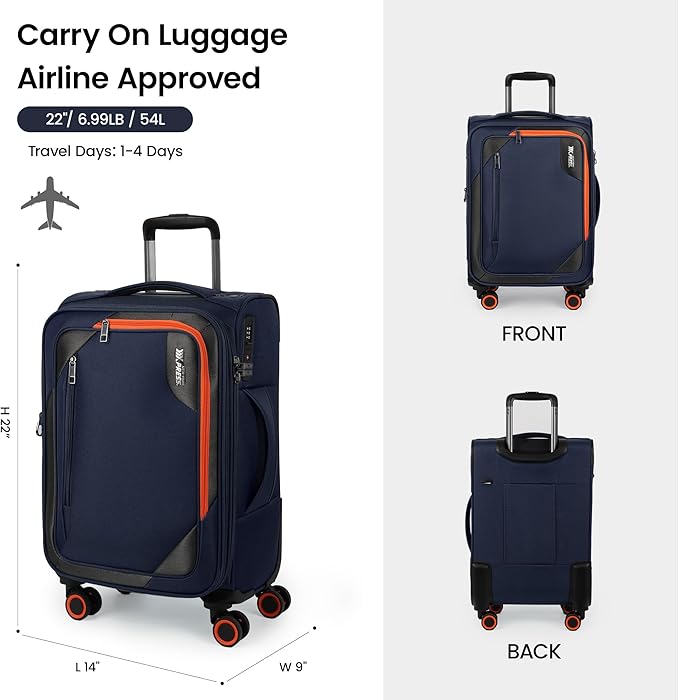 22 inch Carry on Luggage,Softside Suitcase w/TSA LOCK,Expandable 20% Luggage w/Spinner Wheels, Tear-Resistant,Lightweight Rolling Suitcases for Men/Women（Navy,22in）
