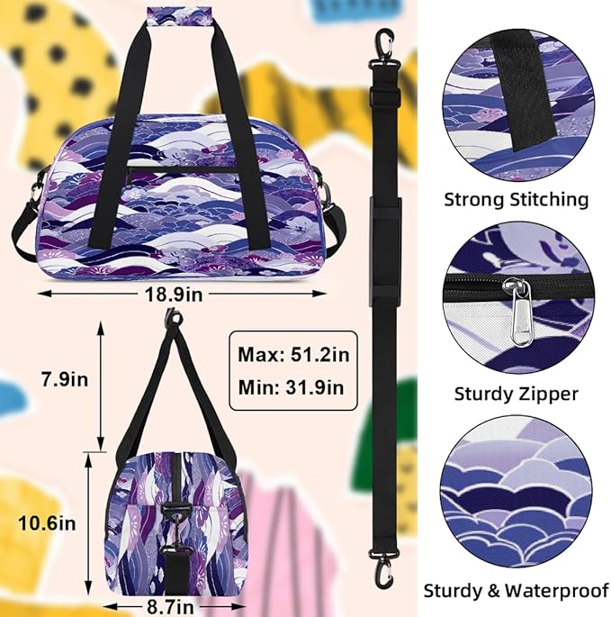Duffle Bag for Women Men, Purple Wave Flower Texture Gym Bag for Travel Sports, Lightweight Waterproof Weekender Overnight Bags with Adjustable Strap