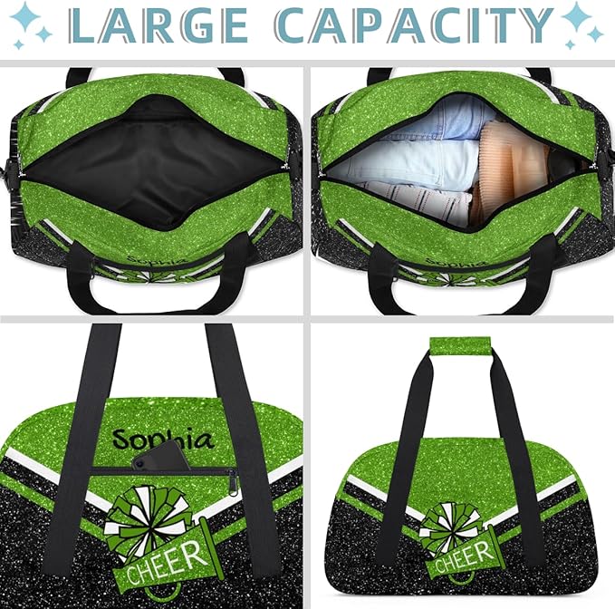 Personalized Glitter Green Cheer Bag for Cheerleaders, Custom Sport Gym Bag Dance Bag Travel Duffle Bag Cheerleading Gifts for Women