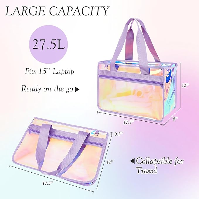 Fammart Iridescent Clear Beach Bags Waterproof Sandproof for Women, Large Jelly Tote Zipper Pool Bag Cruise Essentials 2026
