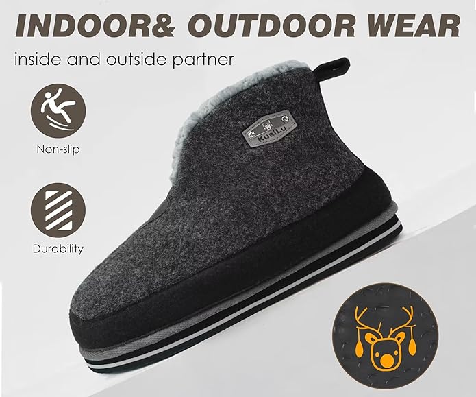 KuaiLu Mens House Slippers Booties Cozy Memory Foam Boots Warm Plush Lining Winter Felt Home Bedroom Slipper Socks Indoor Outdoor Non-Slip Shoes