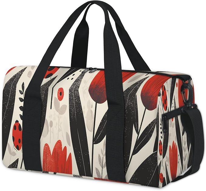 Red Flowers Ladybugs Travel Duffle Bag for Men Women, Lightweight Sport Gym Bag Tote Overnight Weekender Carry on Tote
