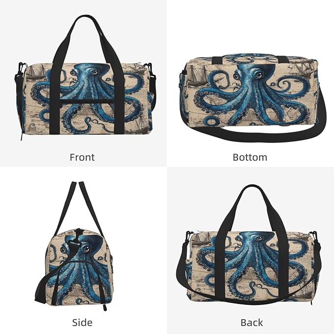 Sports Gym Bag Blue Octopus Vintage Marine Ship Travel Duffel Bag With Shoe Compartment Shoulder Strap, Lightweight Water-Resistant Weekend Overnight Totes For Women Men