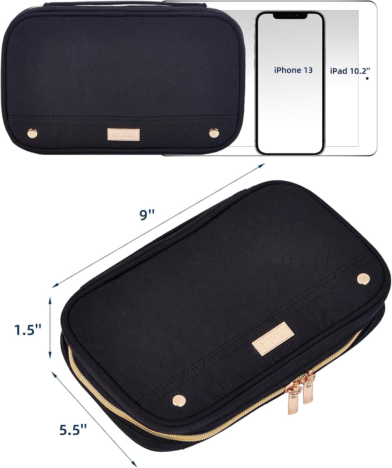 NISHEL Travel Jewelry Case, Holiday Organizer for Necklaces, Earrings, Rings, Bracelets, Watch, Black