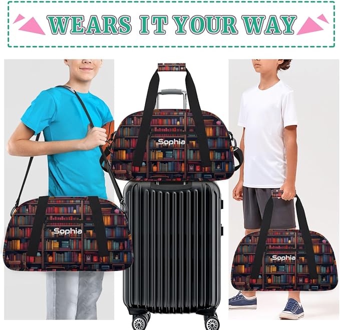 Custom Name Boys Girls Gym Travel Duffle Bag with Front Zipper Pocket Personalized Sports Bag for Overnight, Weekender, Carry On,Workout & Dance, 18.9 * 8.7 * 10.6 in,Book