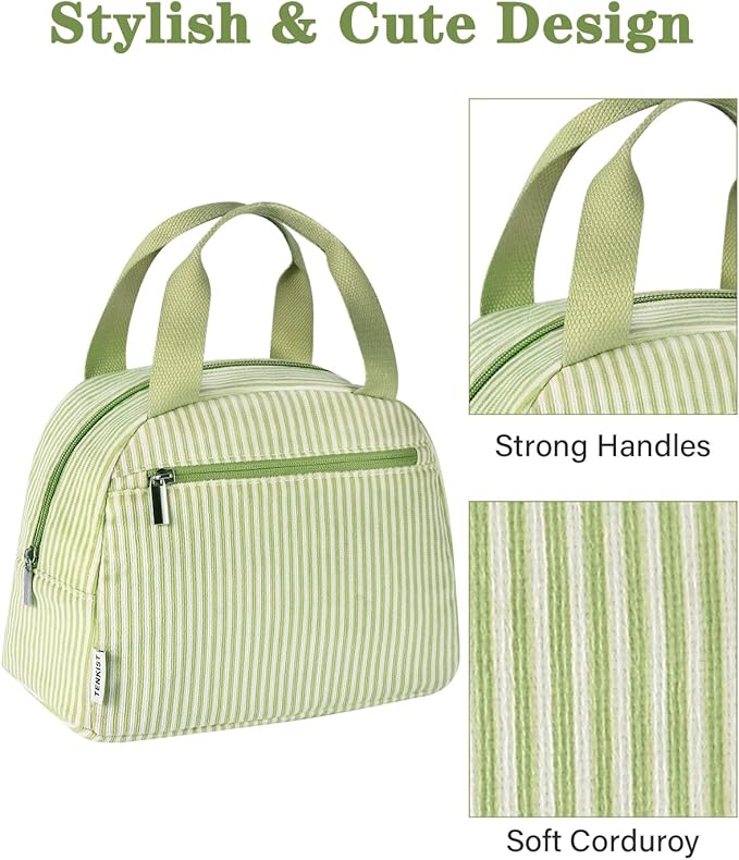 Cute Lunch Box Tote Bag - Cooler Corduroy Insulated Bags for Women - Lightweight Reusable Portable Soft Lunch Pail Kit for Adults Work Picnic Travel Green 8L