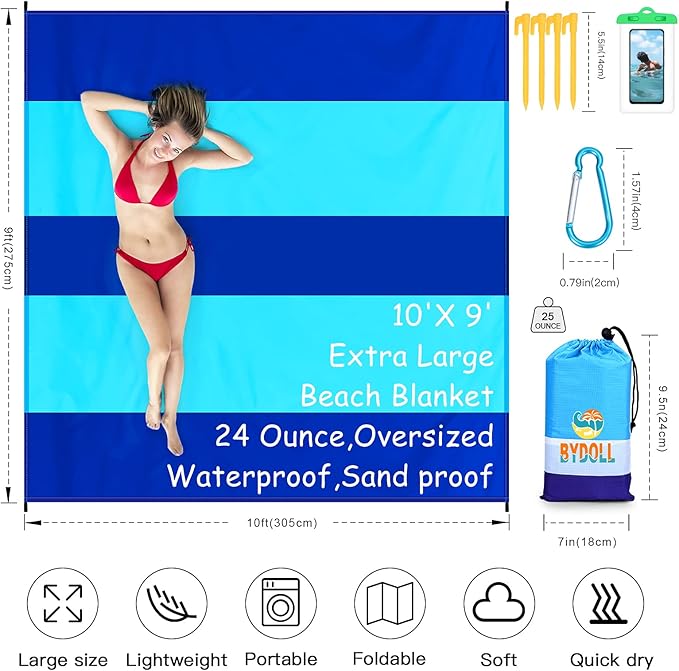 BYDOLL Beach Blanket 10'X9' Waterproof Sandproof Suits1-8 Adults Oversized Lightweight Large Blanket Picnic Mat for Beach Sand Free Travel Camping Hiking Picnic