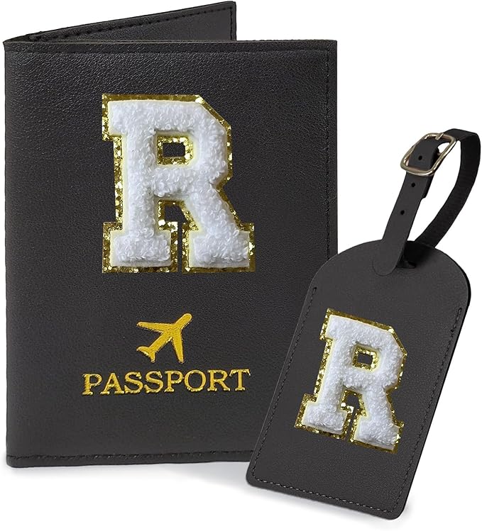 COSHAYSOO Black Passport Cover Holder and Initial Luggage Tag Set for Women Boys Girls Kids European International Travel Accessories Letter R