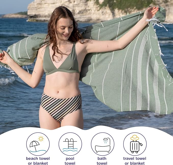 Turkish Beach Towels, Bulk Case of 36 | Oversized, Quick Dry, Sand Free | 100% Cotton, Large 38x71 Towels for Beach, Pool, Travel | Ultra-Soft, Compact, Absorbent | Light Green