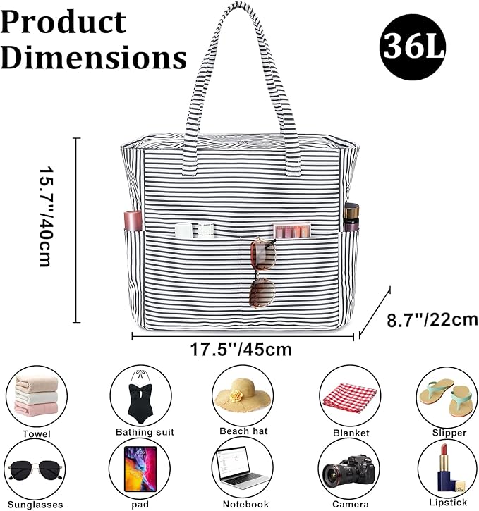 LEDAOU Large Beach Bag Women Waterproof Sandproof Zipper Beach Tote Pool Bag for Swim Gym Grocery Travel with Wet Pocket | Waterproof, Sandproof, Zipper, Pool, Gym, Grocery