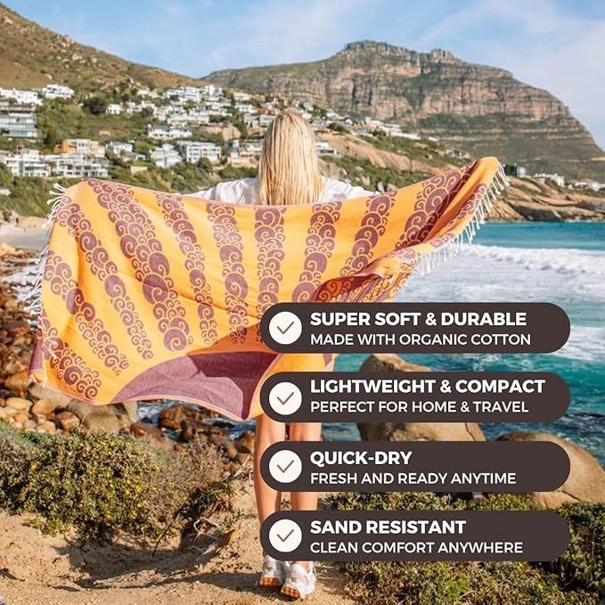 FESHKA Sand Free Turkish Beach Towel (37 x 67) Quick Dry Bath Towel, Oversized Beach Blanket, Lightweight for Travel - Made with 100% Organic Turkish Cotton - Golden Hour (Yellow/Maroon)