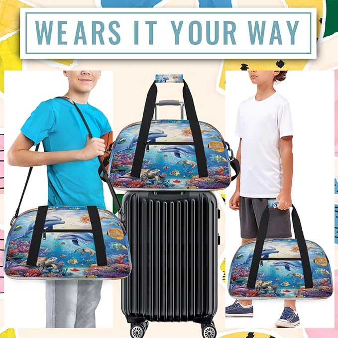Kids Duffle Bag Girls Boys Sea Marine Dolphin Turtle Fish Weekender Overnight Bag,Lightweight Duffel Bags for Traveling Gym Sport Dance