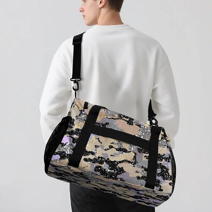 Khaki Grey Camo Sparkle Print Waterproof Duffel Bag, Adjustable Shoulder Strap Pack, Perform Training Travel Bag for Teens Adults Women Men
