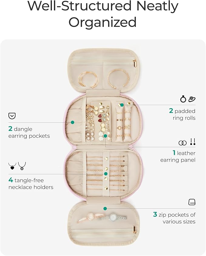 BAGSMART Travel Jewelry Case Jewelry Organizer Storage Roll Rings Necklaces Earrings Bracelets Brooches Watch Large Portable Dark Pink