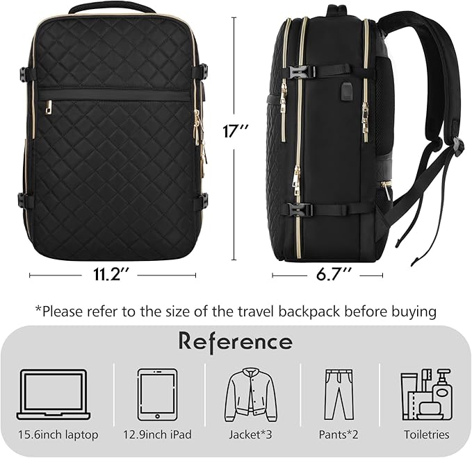 MOMUVO Travel Backpack for Women, Carry On Backpack Airline Approved, 15.6 Inch Laptop Backpack with USB Charging Port, Casual Daypack for Weekender Business College, Black